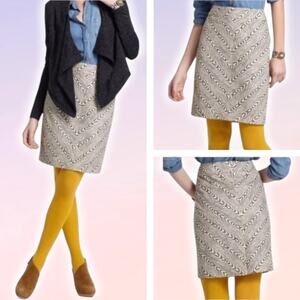 POSTMARK Anthropologie Woodgrain Print Pencil Skirt Size 2 Cream Yellow